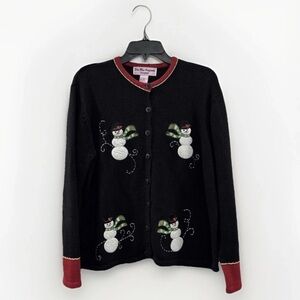 VTG Star Blue Originals Studio Womens M Black Snowman Christmas Cardigan Sweater